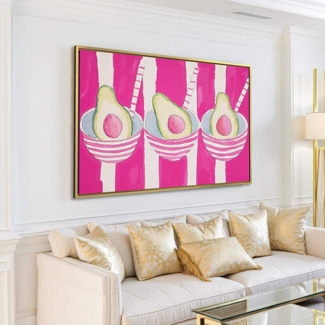 Canvas Print featuring watercolor avocados in pink and green. Modern wall art for kitchen or dining room.