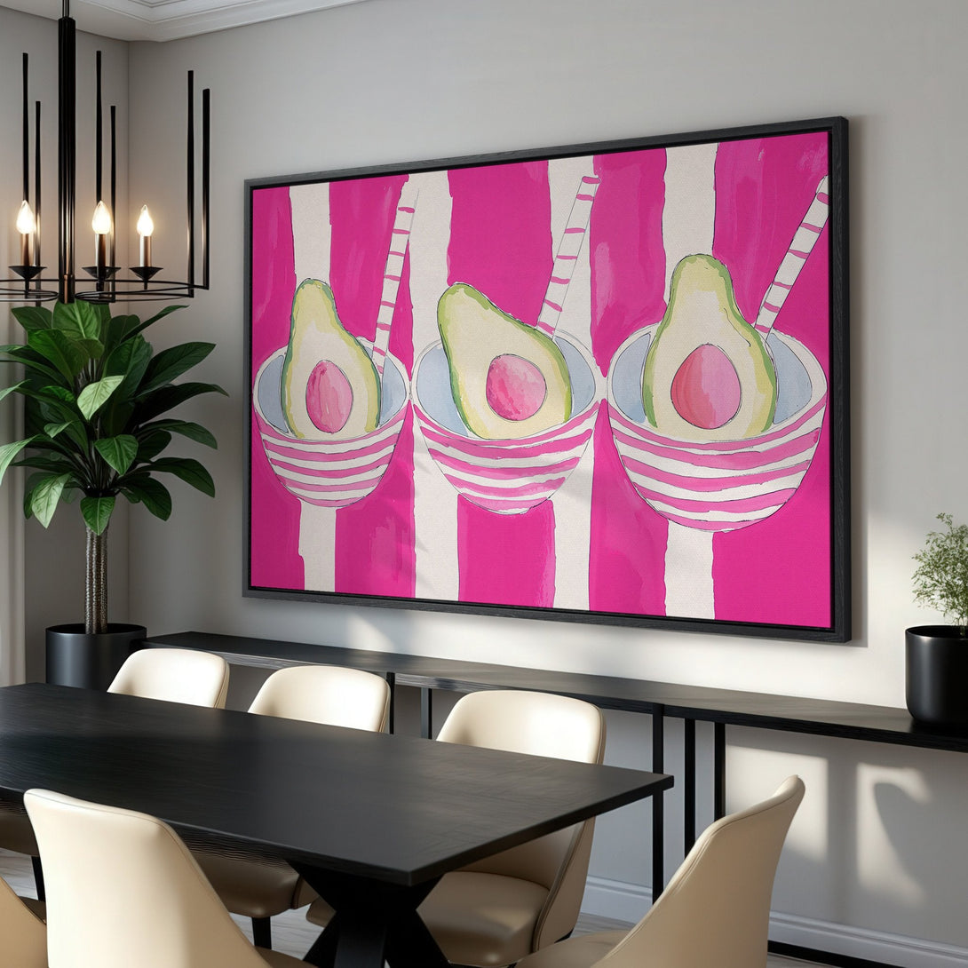 Framed Wall Art featuring a vibrant avocado illustration in a pop art style with a pink and white color palette, perfect for adding a splash of color.