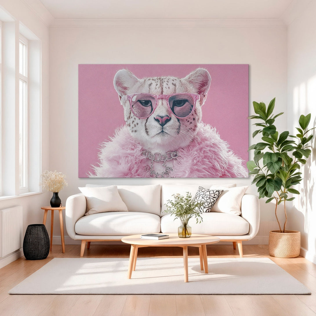 Framed Wall Art: Chic cheetah in pink sunglasses and fur. Pop art style canvas print with a pink and gold color palette, perfect for modern decor.