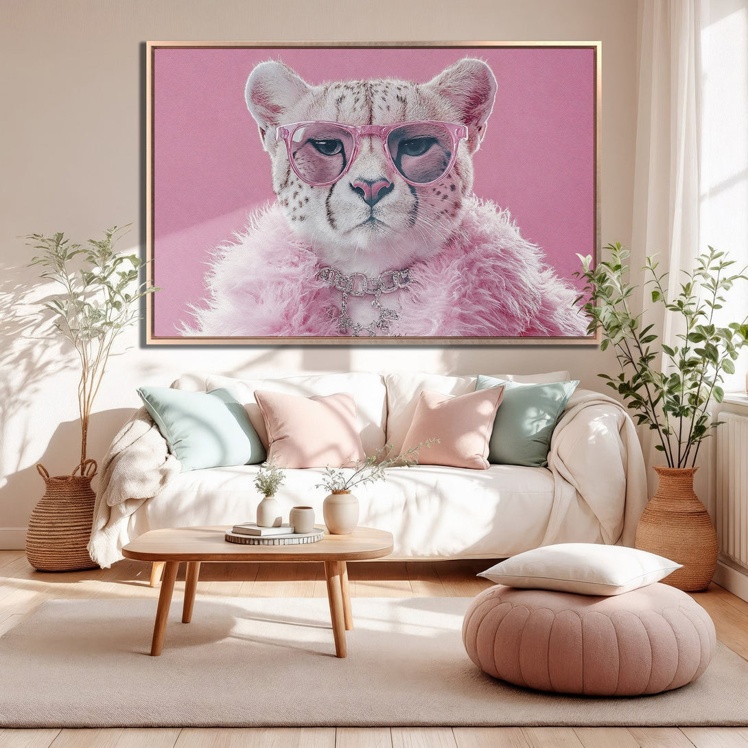 Framed Wall Art: Chic cheetah in pink sunglasses, modern pop art style. Pink and neutral color palette, perfect for a stylish living room.