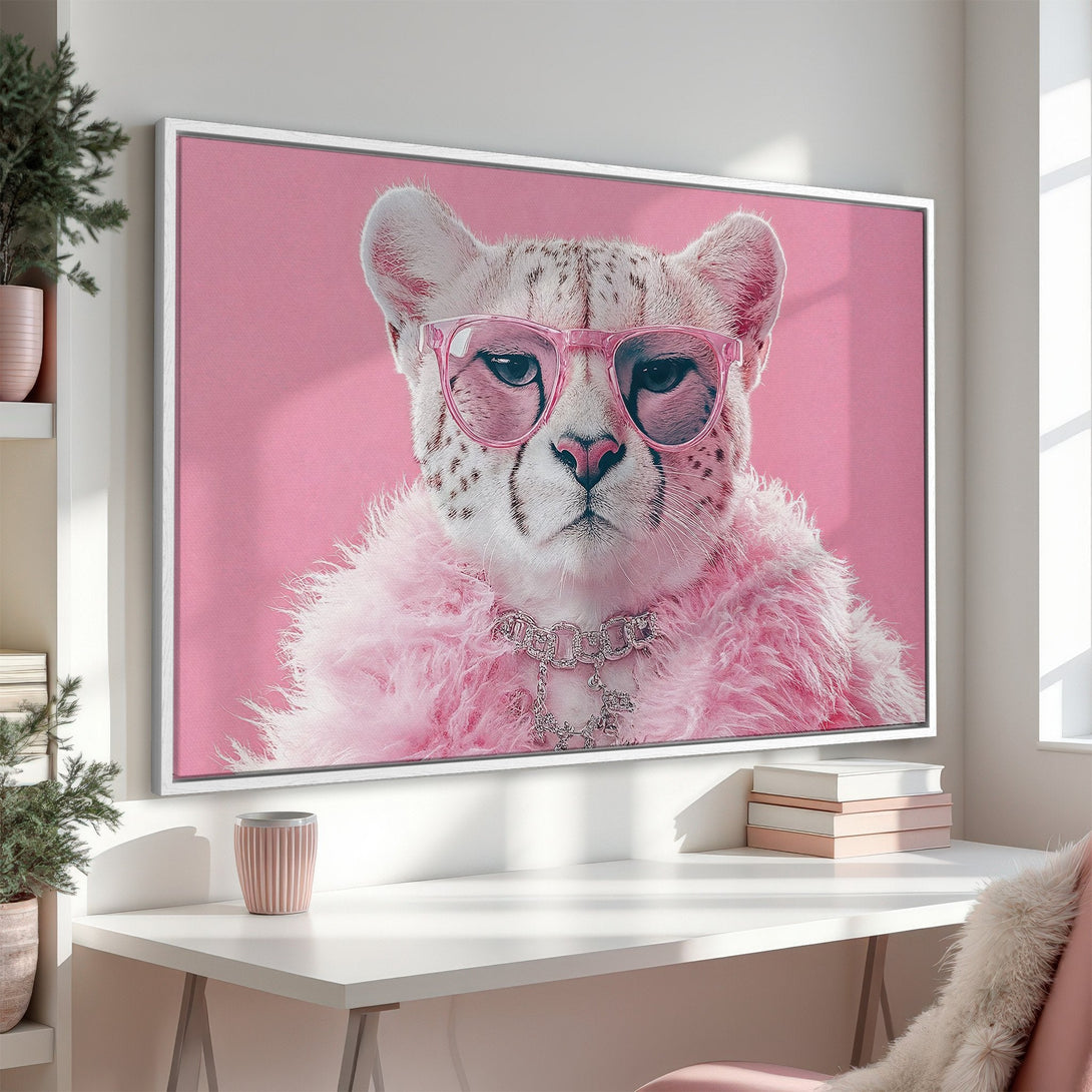 Framed Wall Art: Stylish cheetah portrait in pink hues. Modern Canvas Print adds a pop of personality to any space. Shop now!