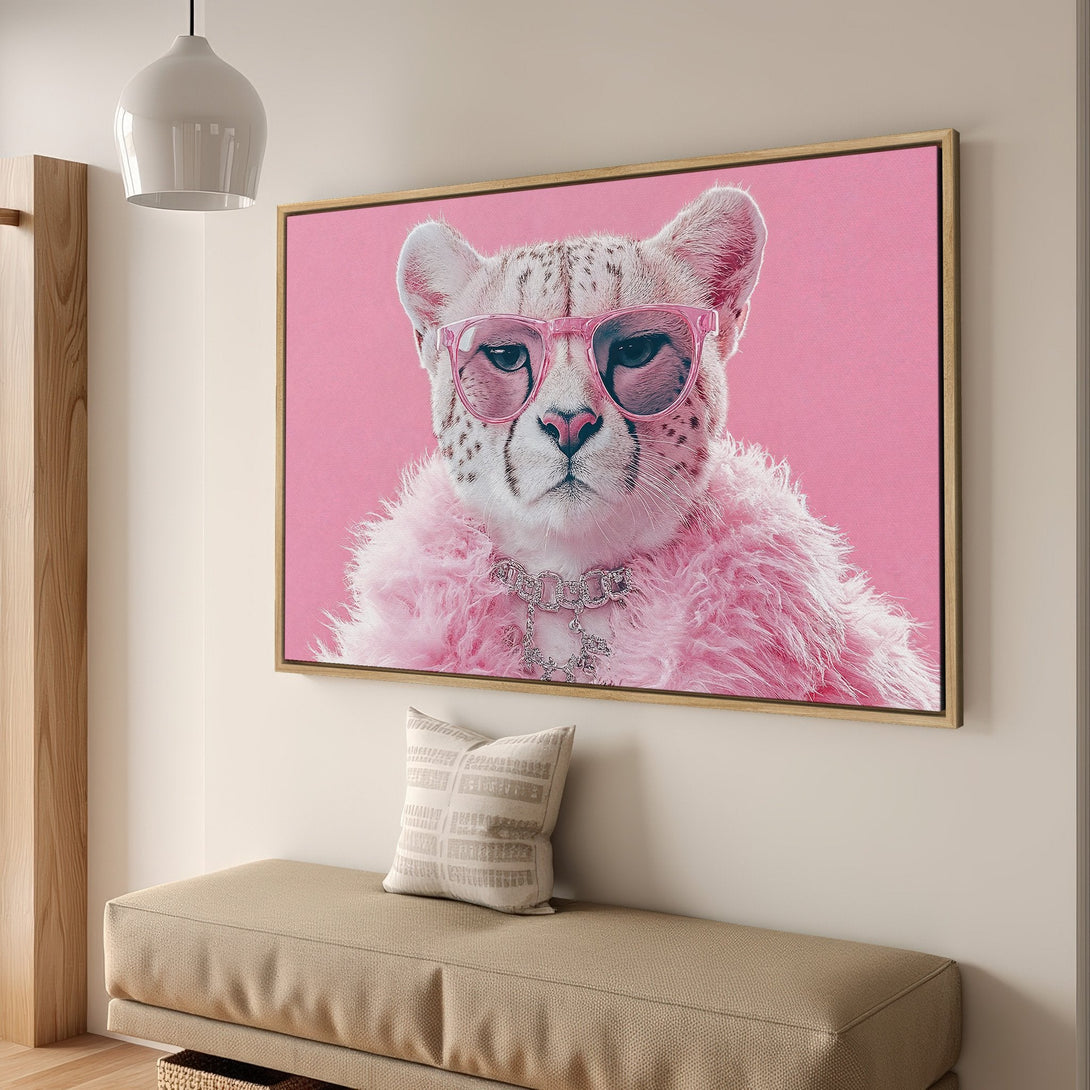 Framed Wall Art: Glamorous cheetah portrait in pink, wearing sunglasses and jewelry. Modern, pop art style. Perfect for adding a touch of fun to your space.