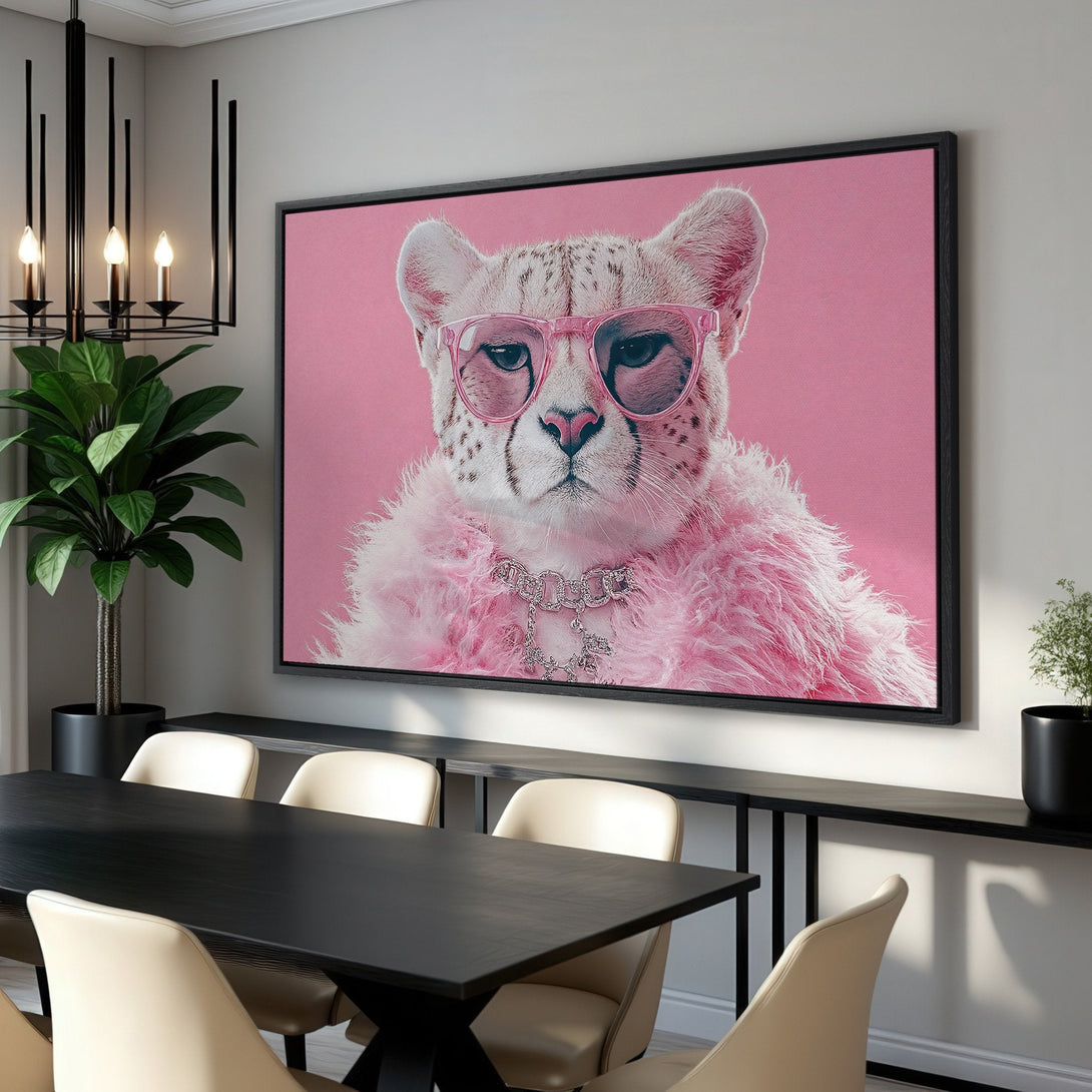 Framed Wall Art: Stylish cheetah portrait with pink glasses & fur. Modern, pop art style in pink hues. Perfect statement piece for your home.