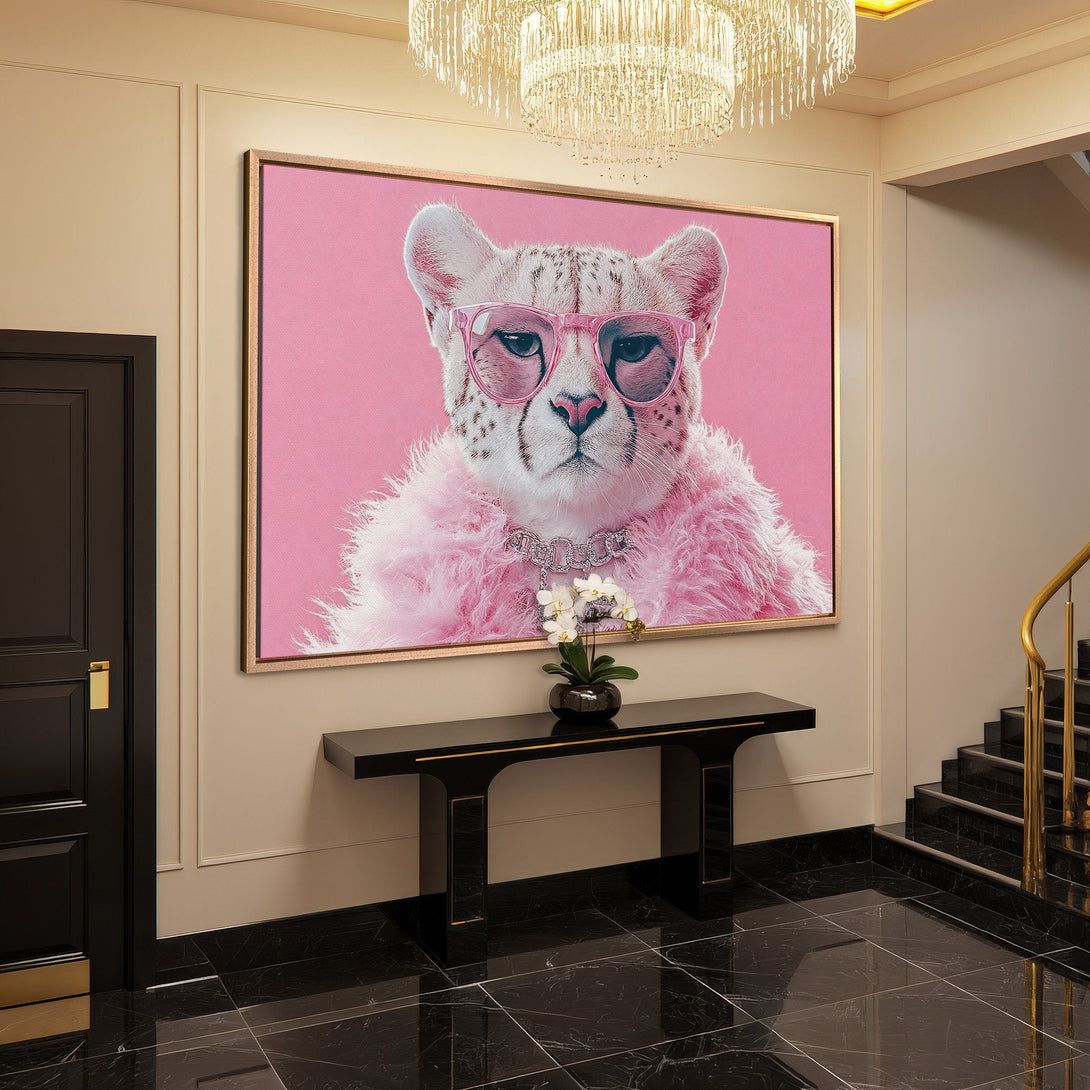 Framed Wall Art: Pop art cheetah portrait in pink and gold color palette. Chic and modern wall decor for a stylish interior.