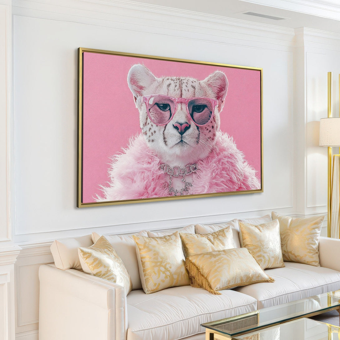 Canvas Print: Stylish cheetah wearing pink sunglasses and fur, displayed in a modern living room with a pink and neutral color palette.