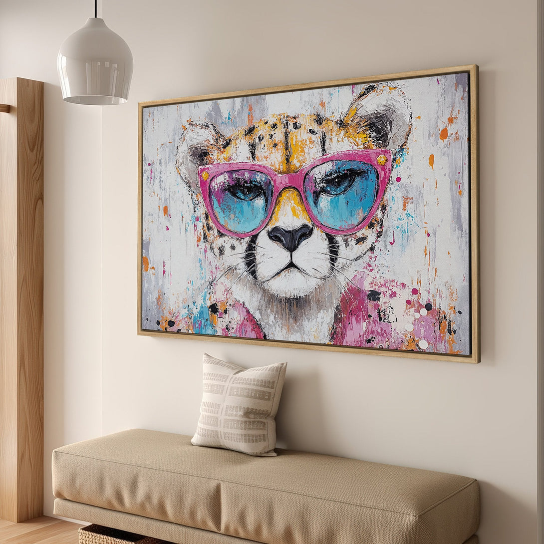 Framed Wall Art: Cool cheetah with pink sunglasses, vibrant abstract style, colorful palette. Perfect for modern home decor.
