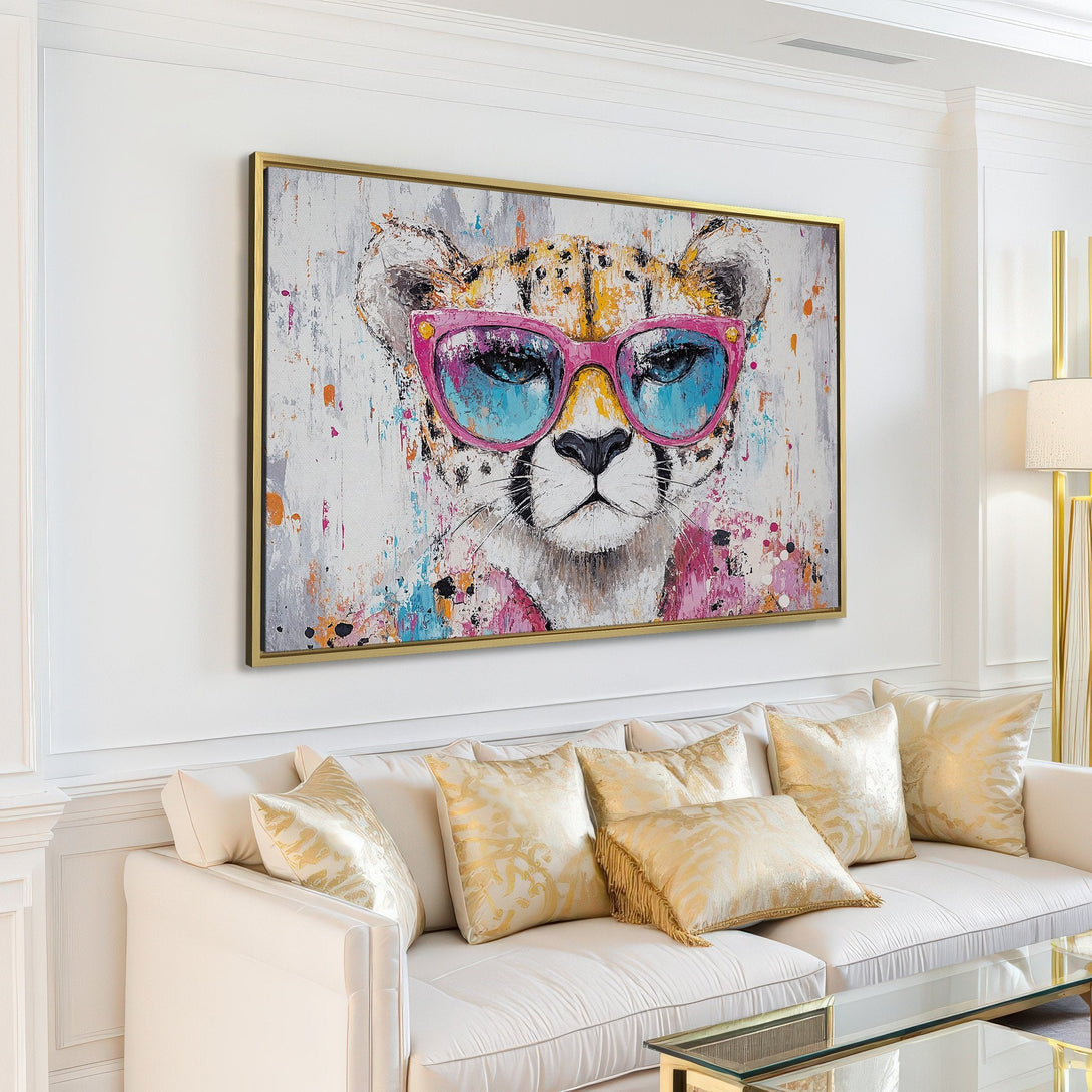Canvas Print of a cool cheetah wearing sunglasses. Modern abstract style with a vibrant pink, blue, and yellow color palette. Perfect wall art!