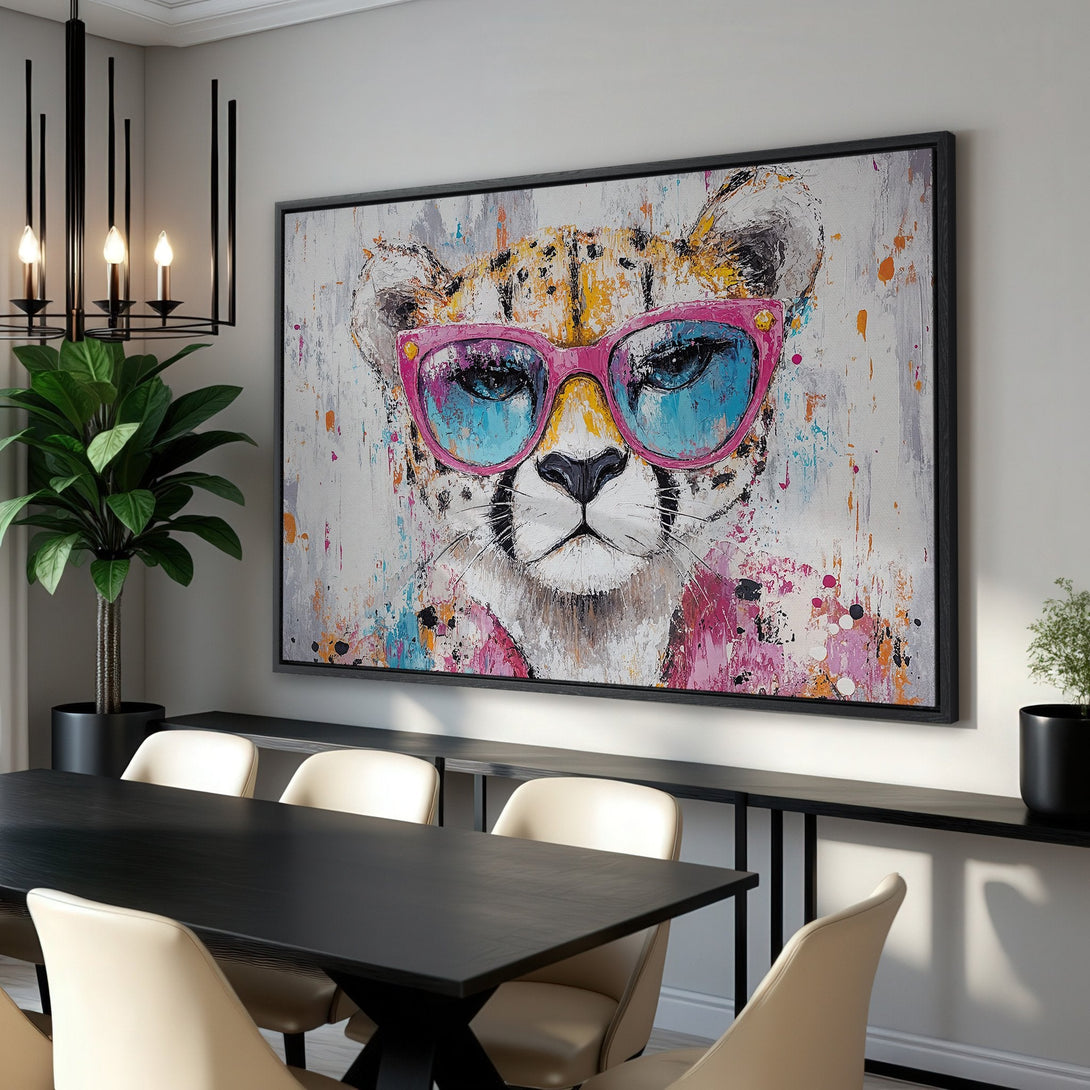 Framed Wall Art: Cool cheetah wearing sunglasses. Modern, colorful abstract art with pink, blue, and white tones. Perfect for adding a pop of personality!