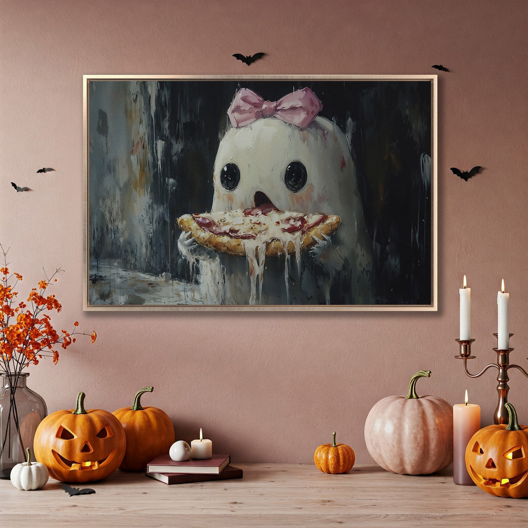 Framed Wall Art: Cute ghost eating pizza, whimsical style, pink bow, dark palette. Perfect Halloween decor!