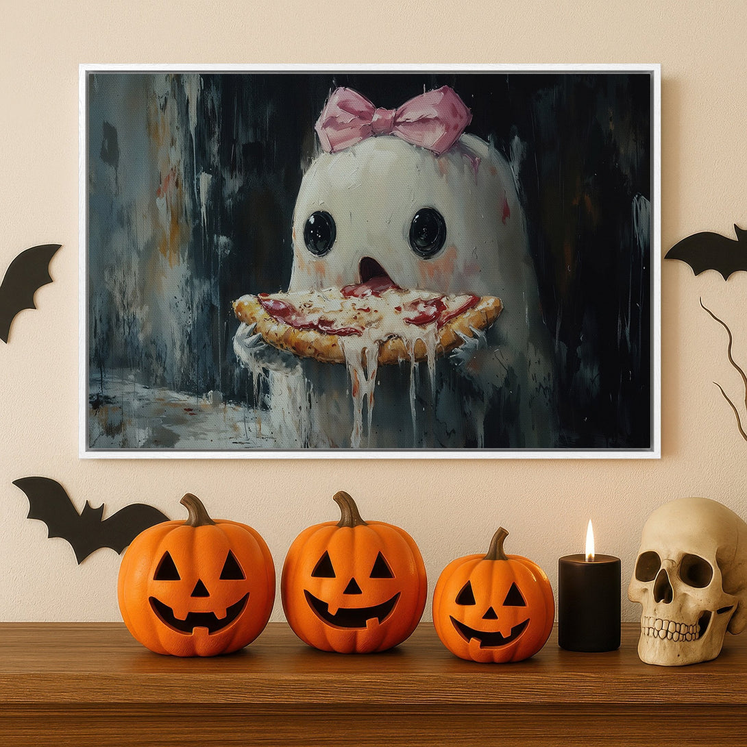Framed Wall Art: Whimsical ghost eating pizza, Halloween decor. Abstract style with muted blues, grays, and pops of pink and orange. Perfect for spooky season!