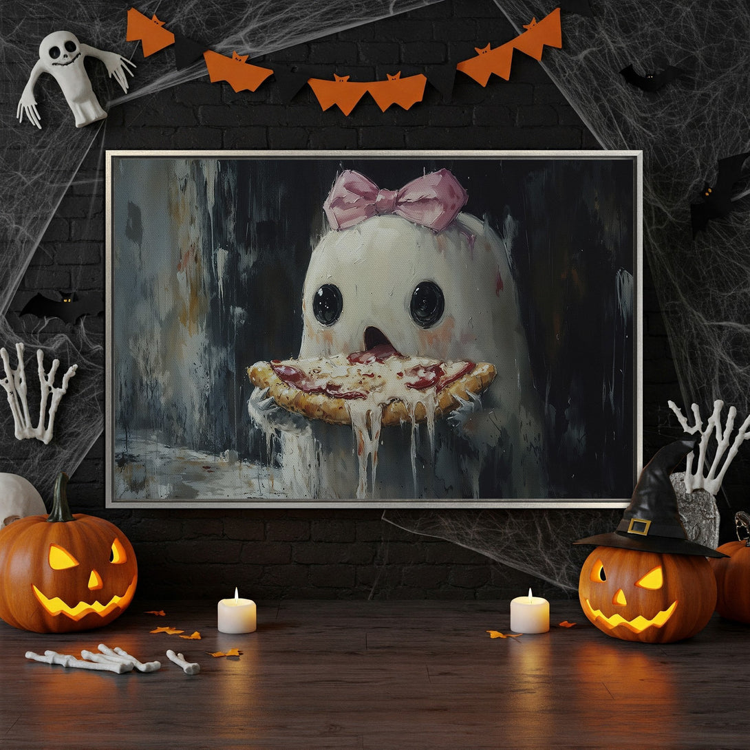 Framed Wall Art: Whimsical ghost painting with a pink bow eating pizza, perfect for Halloween decor. Dark, moody color palette.