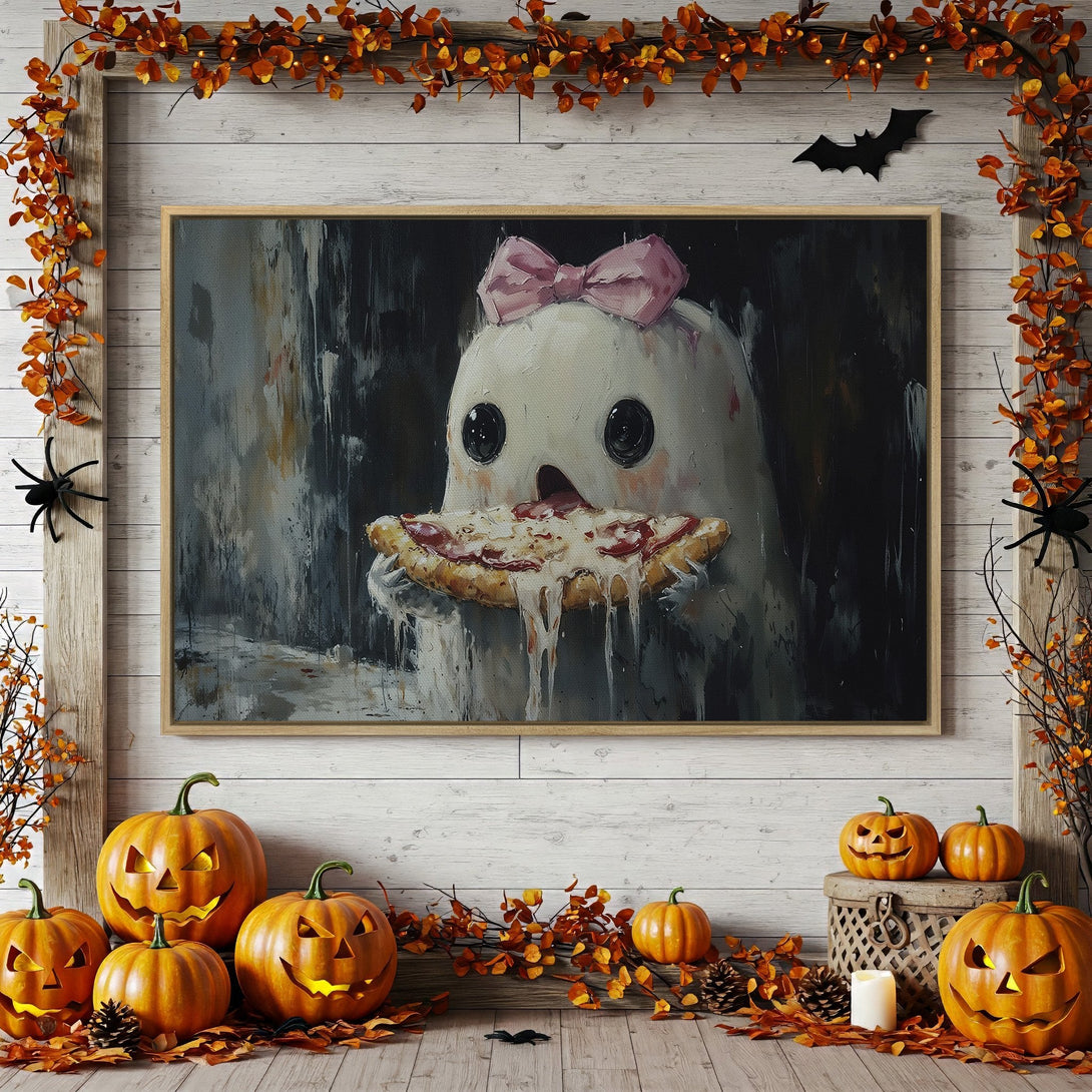 Framed Wall Art: Whimsical ghost enjoying pizza, Halloween decor with orange and black color palette. Perfect for spooky season!