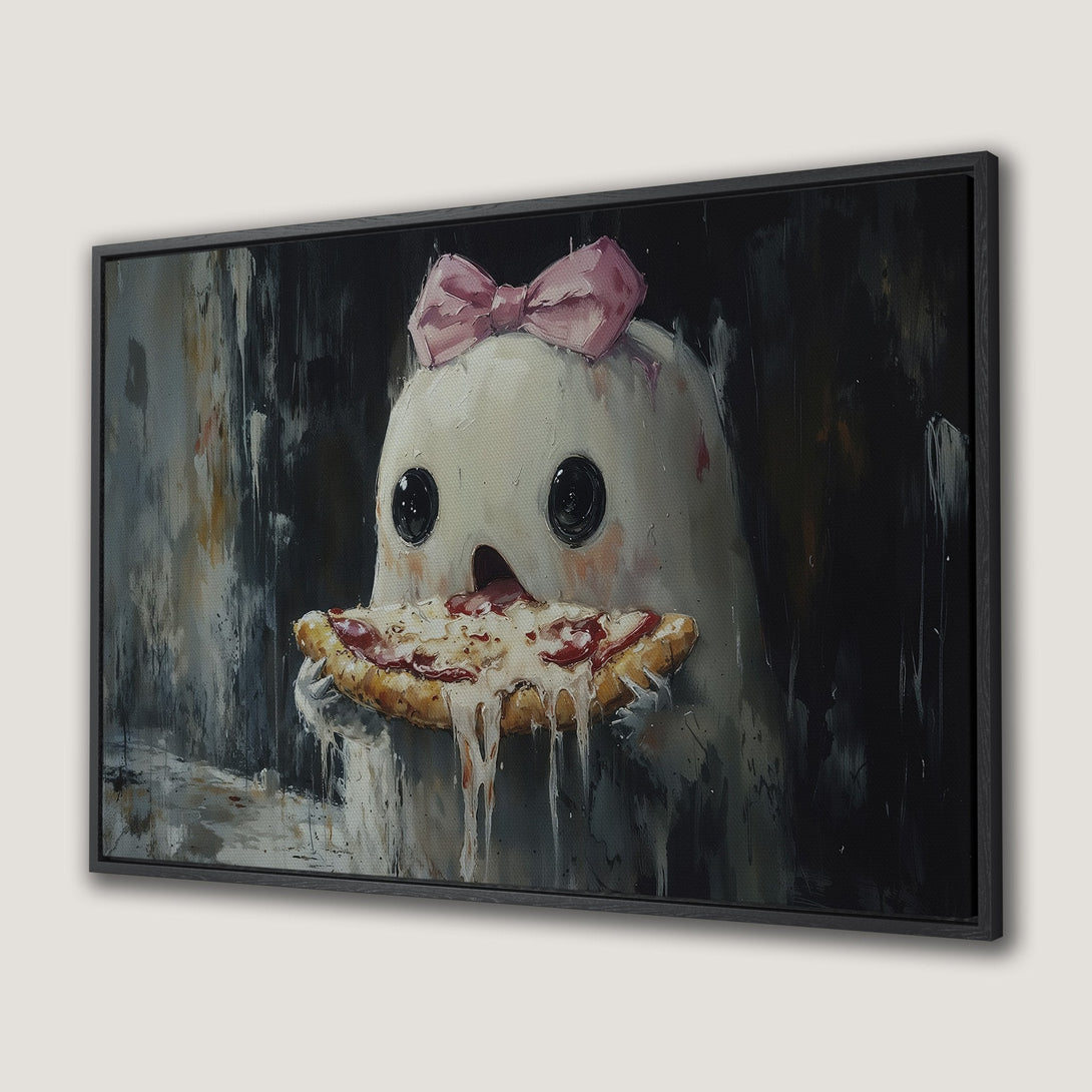 Framed Wall Art: Whimsical ghost eating pizza, oil painting style. Dark, moody palette with pops of pink and white. Unique decor for your space!