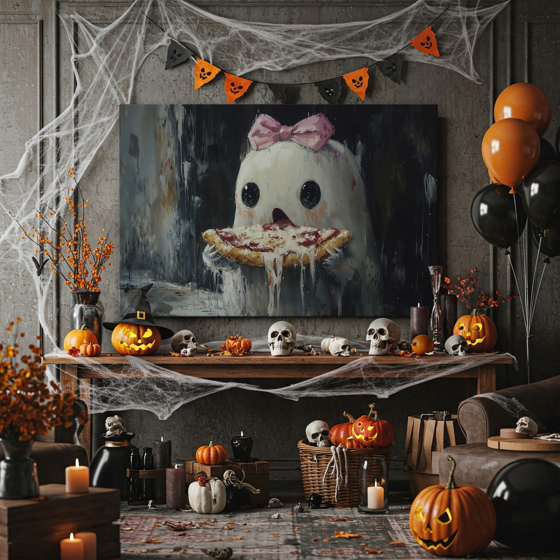 Framed Wall Art: Adorable ghost enjoying pizza! Whimsical Halloween decor in a warm, autumnal color palette. Perfect for adding a spooky, fun vibe to your space.