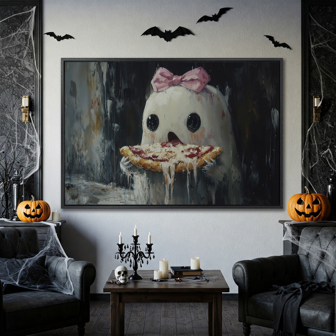 Framed Wall Art: Spooky ghost with pizza, whimsical Halloween decor. Dark, moody palette with black frame, perfect for a unique, artistic statement.