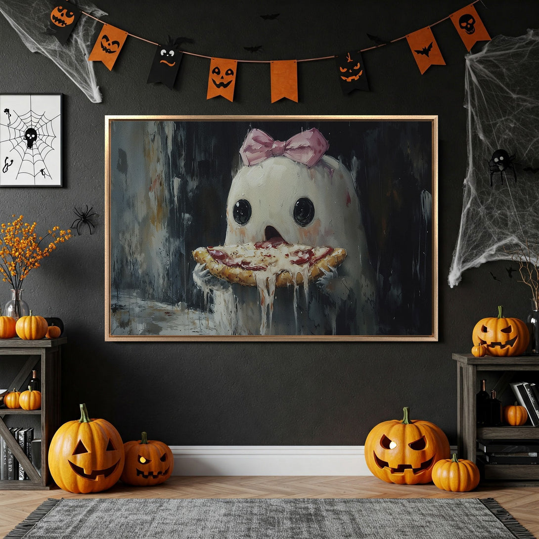 Framed Wall Art: Halloween-themed painting of a ghost eating pizza, in a dark, moody style with a black, white, and orange color palette. Perfect for spooky decor!