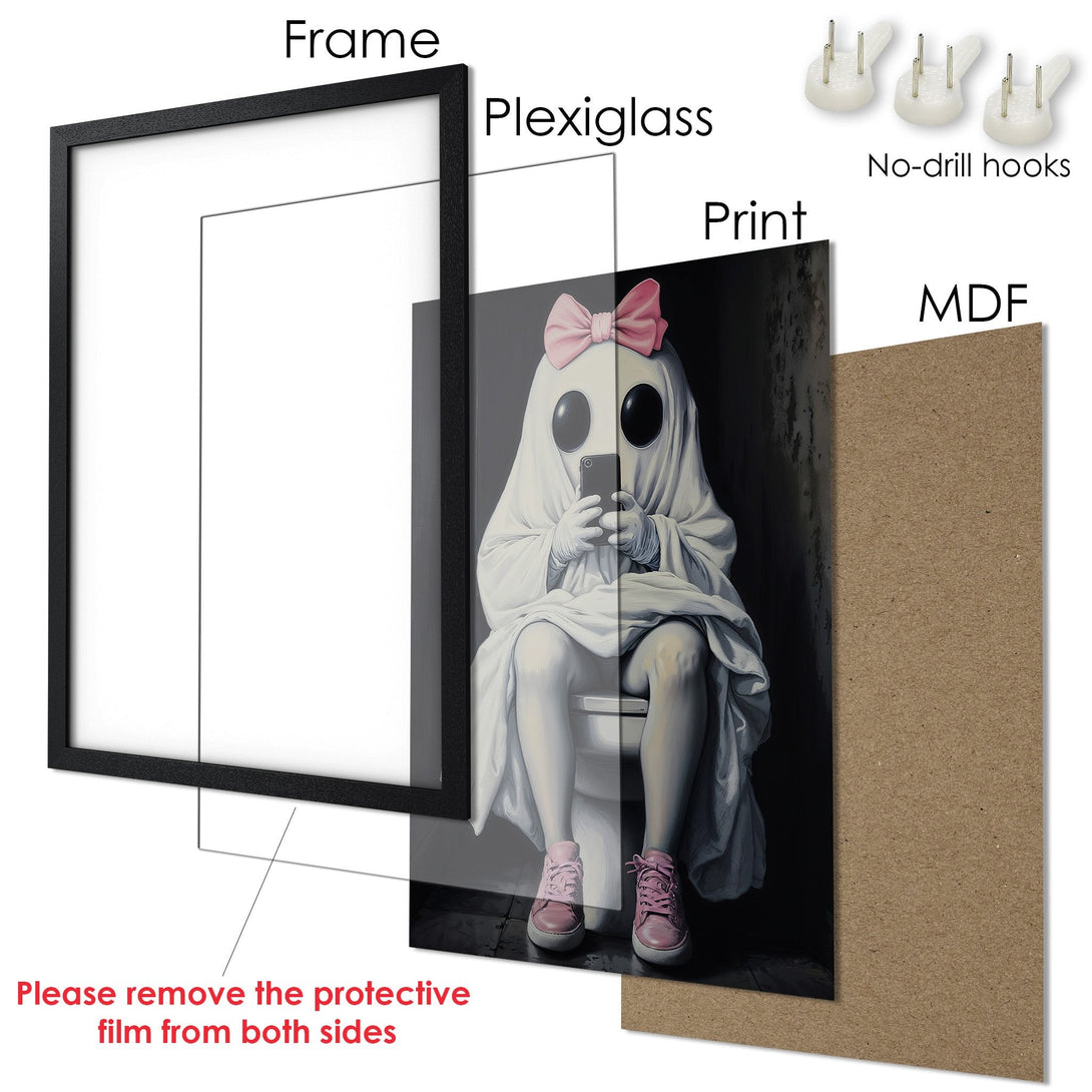 Framed Poster featuring a ghost character in a modern style with a black and white color palette, perfect for your home decor.