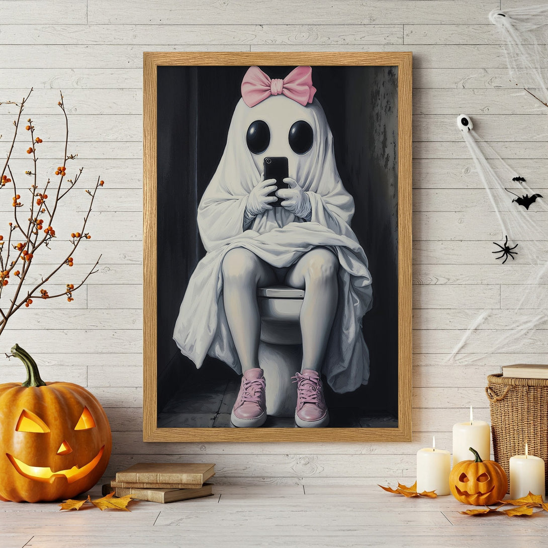 Framed Poster featuring a ghost on the toilet, whimsical style, with a white, black, and pink color palette. Perfect Halloween decor!