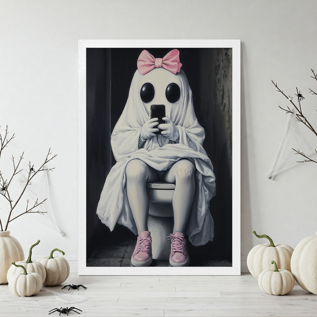 Framed Poster featuring a ghost on the toilet, wearing a pink bow and sneakers. Whimsical art in a black, white, and pink color palette. Perfect Halloween decor.