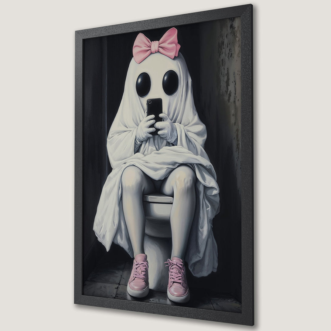 Framed Poster: Ghost on toilet using phone, whimsical art style, pink bow & sneakers, monochrome palette. Unique wall art for your home.