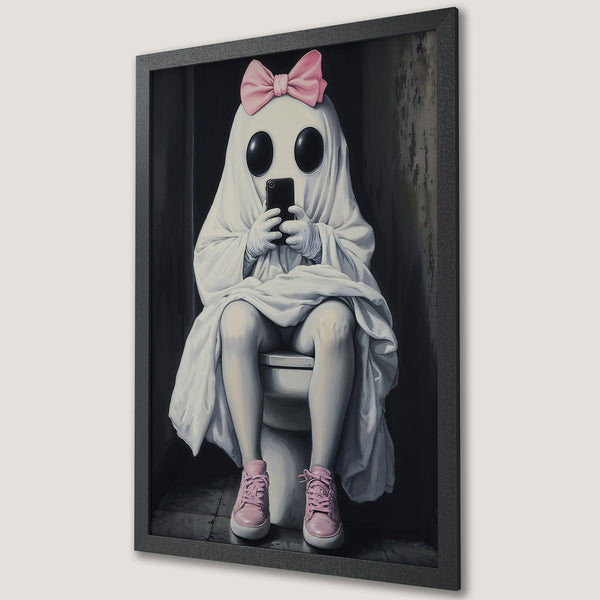 Framed Poster: Ghost on toilet using phone, whimsical art style, pink bow & sneakers, monochrome palette. Unique wall art for your home.