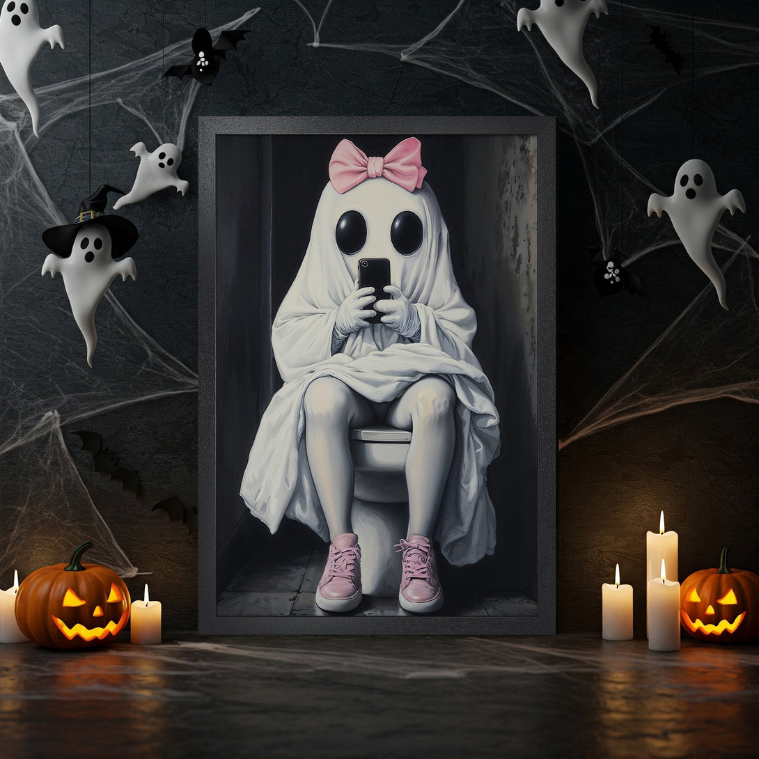 Framed Poster featuring a funny ghost in a bathroom, Halloween theme, black, white, and pink color palette.