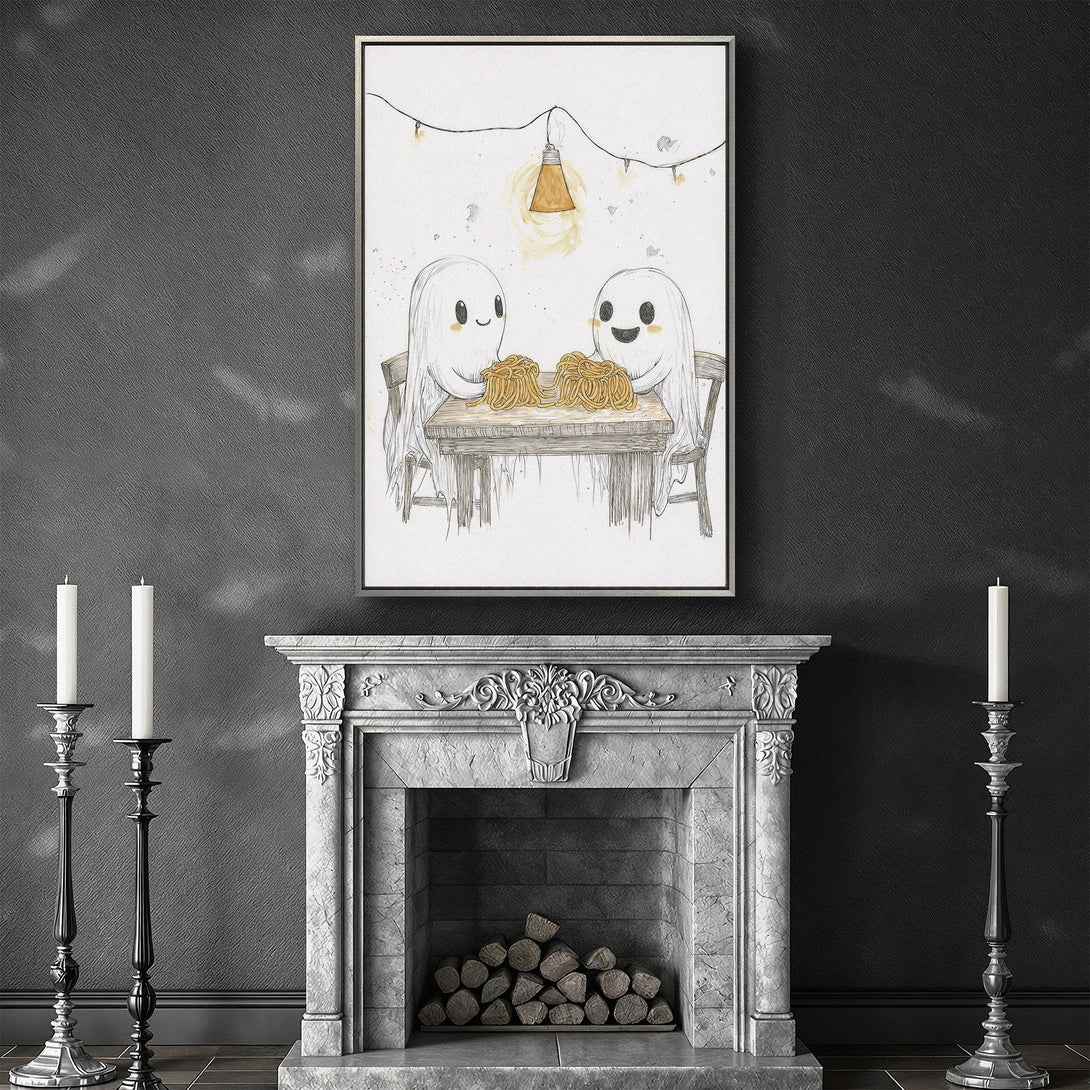 Framed Wall Art featuring cute ghost illustration in a dining scene, neutral color palette. Perfect for Halloween decor or adding a touch of whimsy.