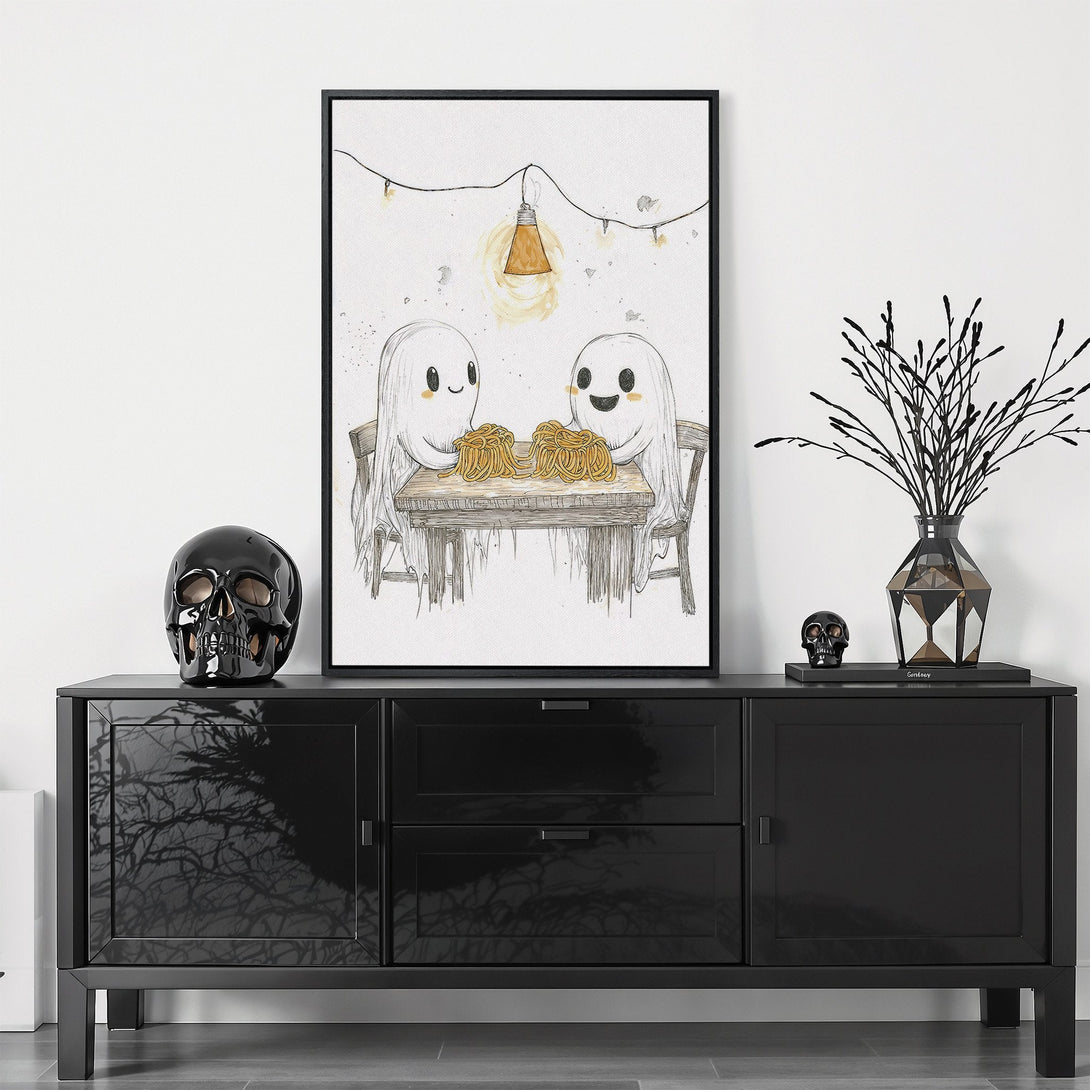 Framed Wall Art featuring cute ghost illustration in a neutral color palette. Perfect for Halloween decor and adding a touch of whimsy to any space.