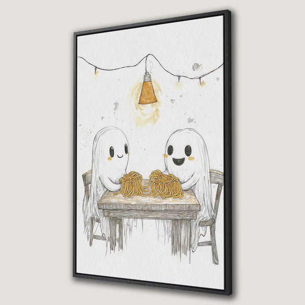 Framed Wall Art: Whimsical illustration of two ghosts enjoying spaghetti. Soft, neutral color palette with sketched style. Perfect for Halloween decor!