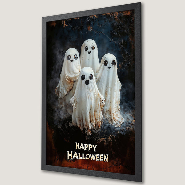 Framed Poster featuring spooky ghost art in a dark, moody style with a black, white, and orange color palette. Perfect Halloween decor!
