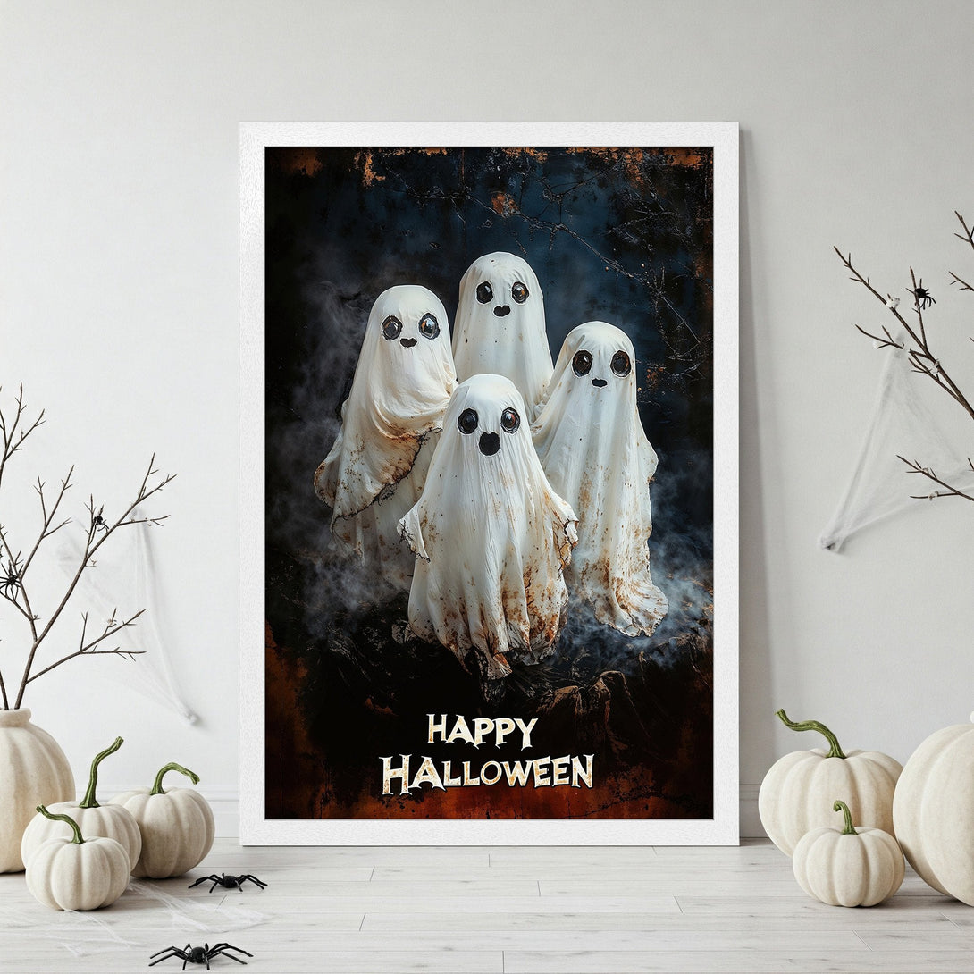 Framed Poster featuring spooky ghost art in a dark, moody style with white and black color palette. Perfect Halloween decor!