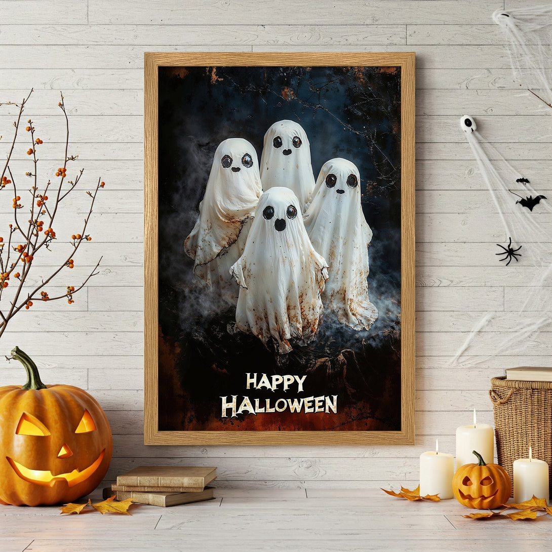 Framed Poster featuring cute ghost characters, perfect Halloween decor. Spooky style with a dark, warm color palette.