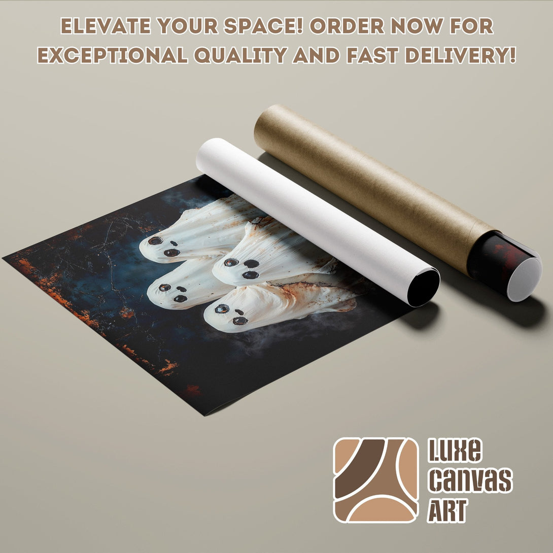 Poster Roll featuring spooky ghost art, dark blue and brown color palette. Elevate your space with this unique poster!