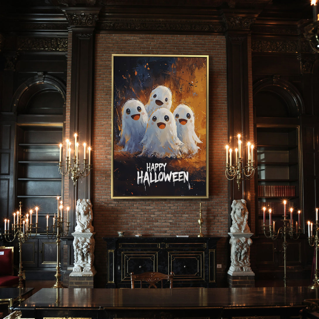 Canvas Print: Happy Halloween art featuring cute ghosts in an expressive, colorful style. Perfect spooky decor with orange, white, and black hues.