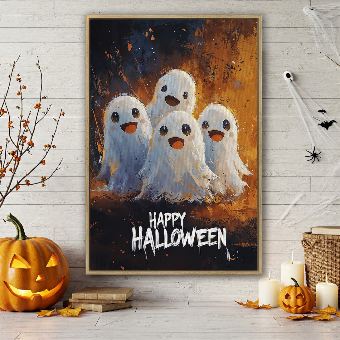 Framed Wall Art: Adorable ghost painting with a warm, autumnal color palette. Perfect Halloween decor! Add a touch of spooky fun to your home.