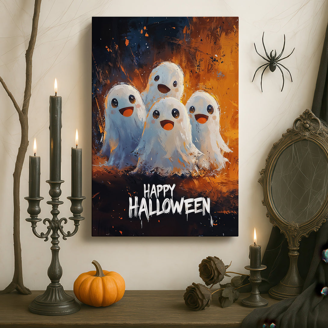 Framed Wall Art: Happy Halloween canvas print featuring cute ghosts in a warm, orange and blue color palette. Perfect spooky decor!