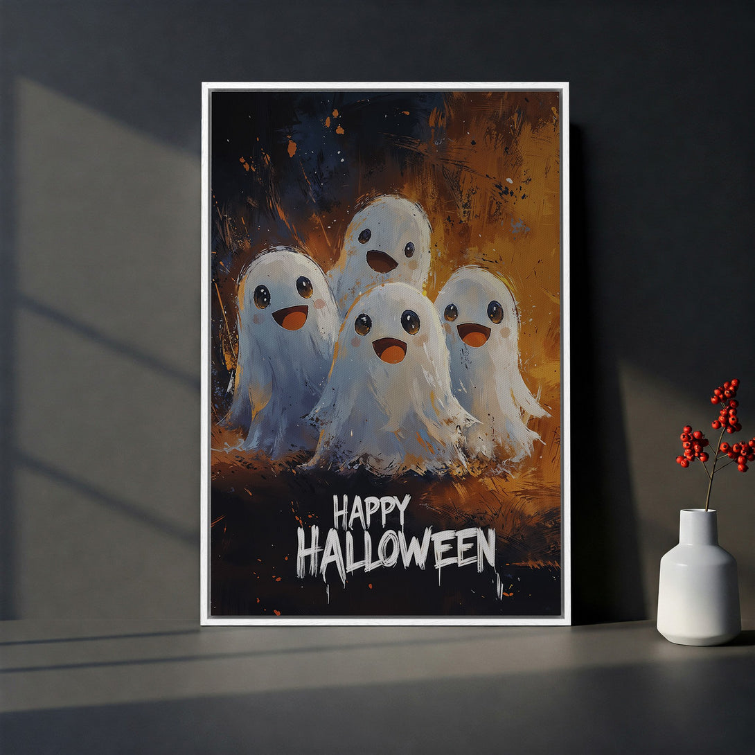 Framed Wall Art: Happy Halloween! Cute ghost art in warm orange and black tones. Perfect spooky decor for your home. Canvas Print ready to hang.