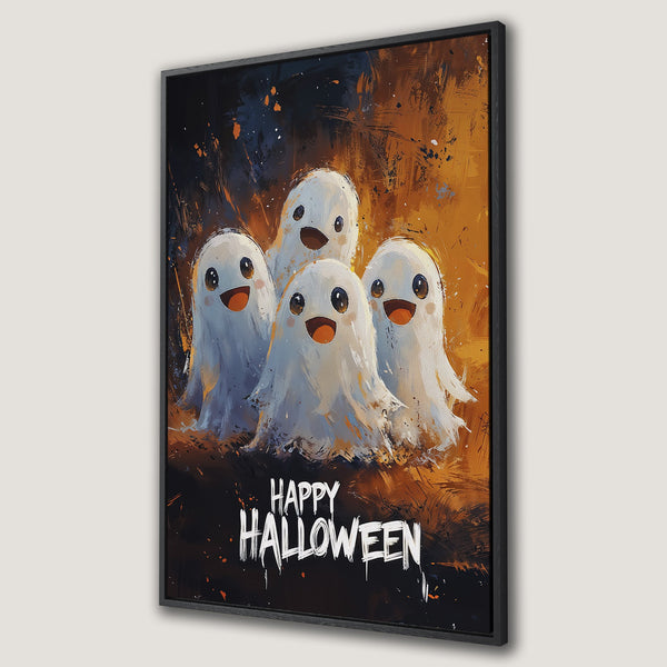 Framed Wall Art: Happy Halloween! Adorable ghost painting in a warm, orange and black palette. Perfect spooky decor for your home. Get yours today!