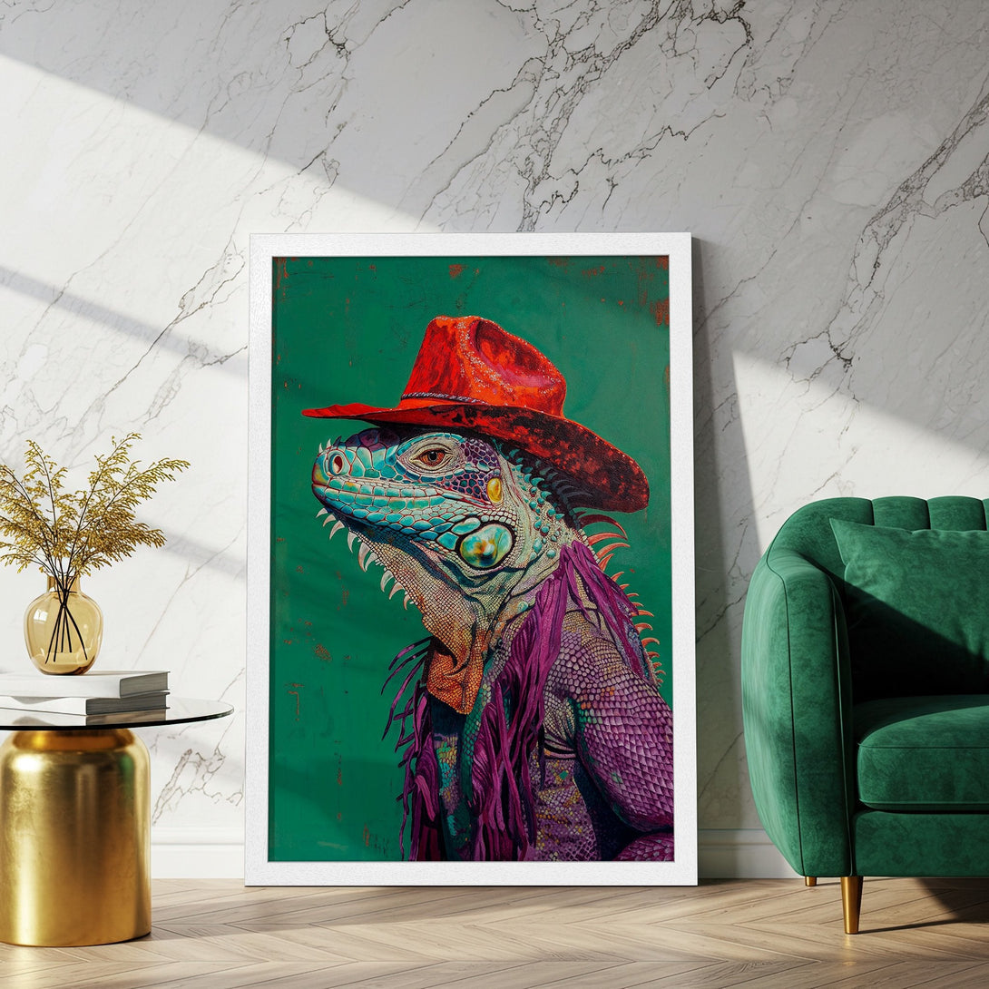 Framed Poster of a stylish iguana wearing a hat. Vibrant colors, teal, purple, and red, pop against a green background. Unique wall art.