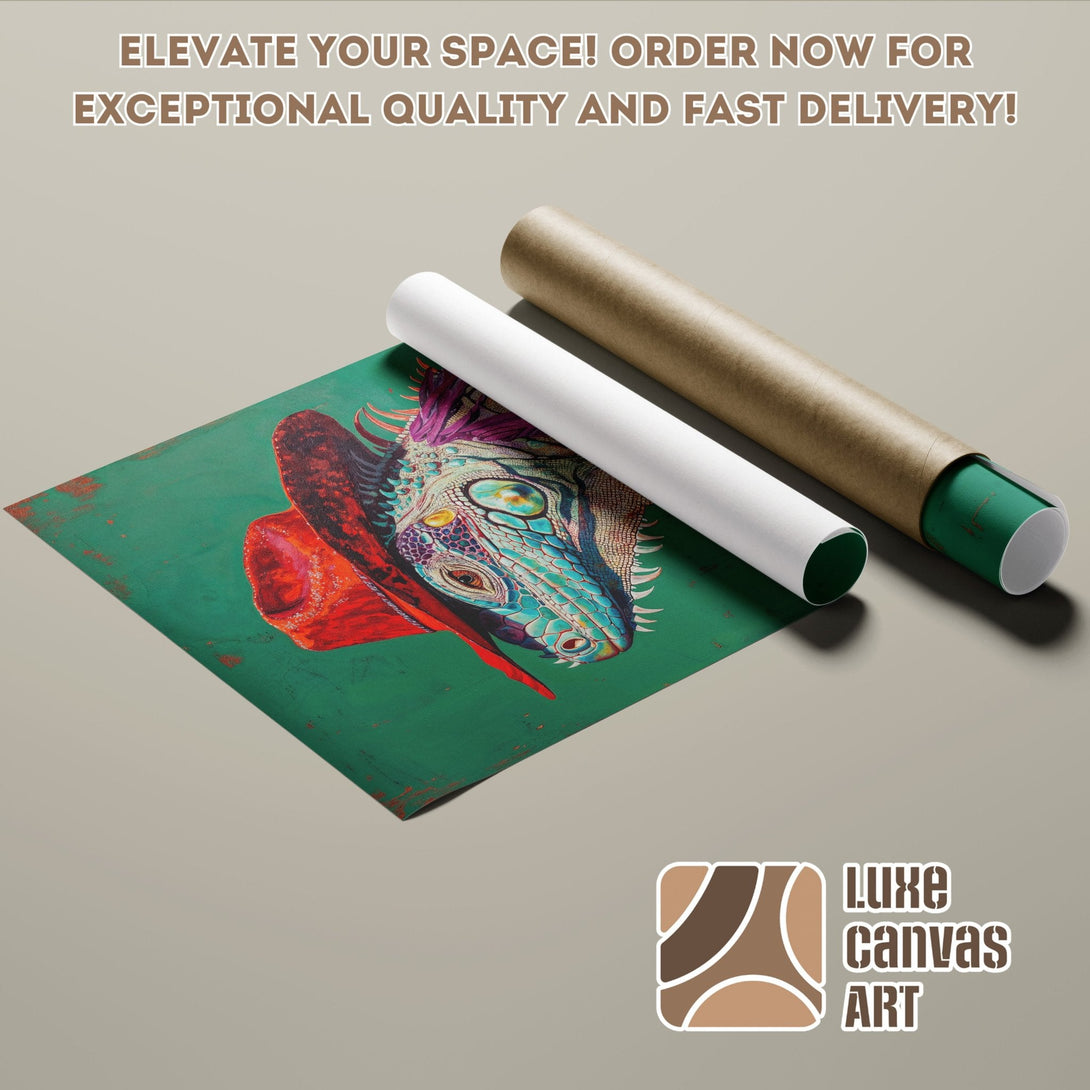 Poster Roll featuring a colorful iguana artwork, vibrant teal, red, and green palette.