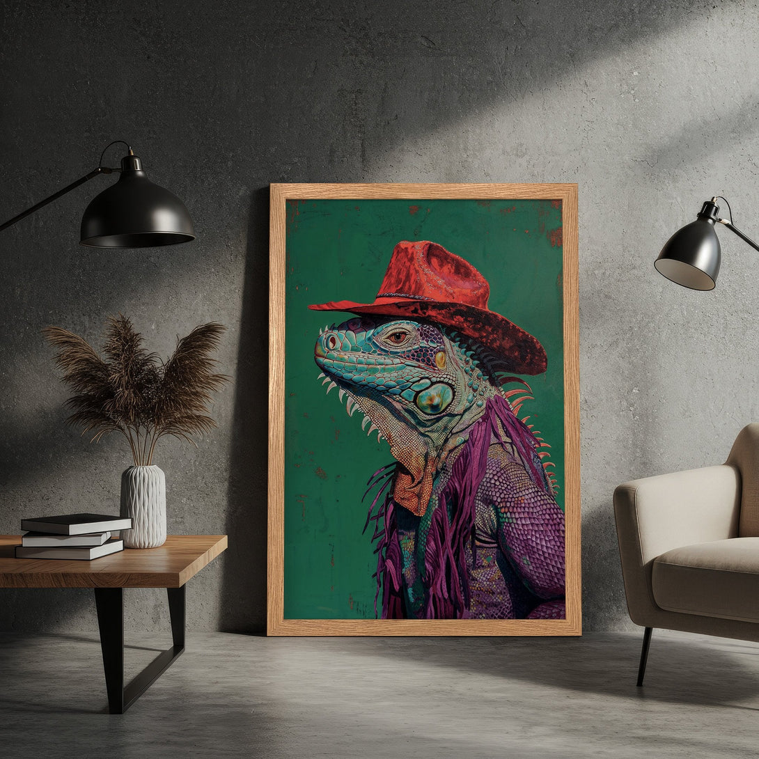 Framed Poster of a stylish iguana in a cowboy hat. Vibrant, colorful art with a green, red, and purple palette. Perfect wall decor!