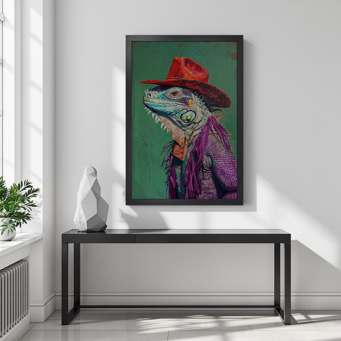 Framed Poster of a stylish iguana wearing a hat, vibrant colors on a green background. Unique art for your home!