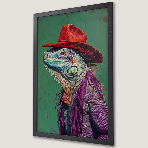 Framed Poster featuring a stylish iguana in a cowboy hat. Vibrant colors, artistic style, and a green/purple palette. Perfect wall art!