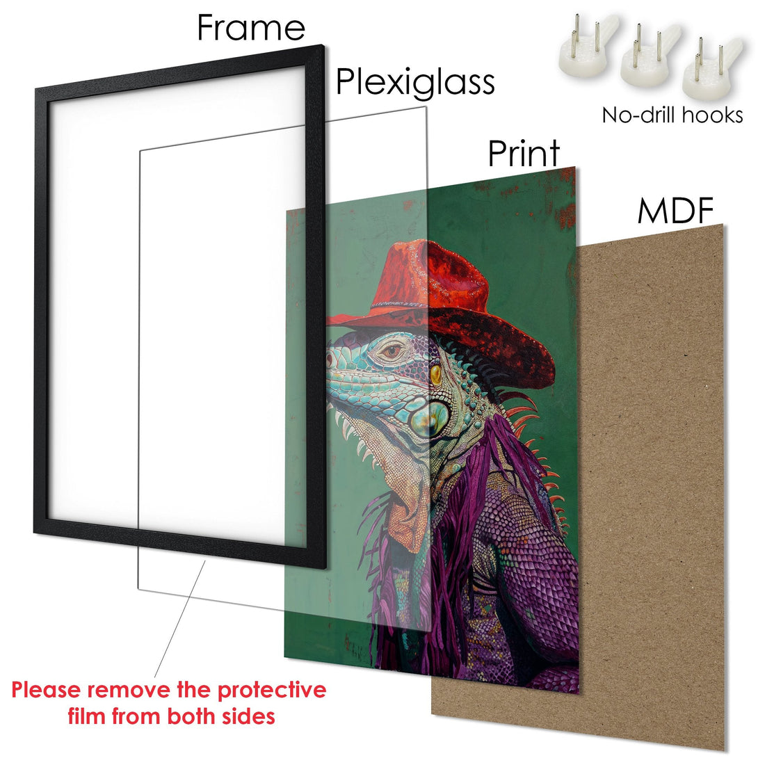 Framed Poster featuring a stylish iguana with a red hat, vibrant colors, and a green background. Perfect wall art!