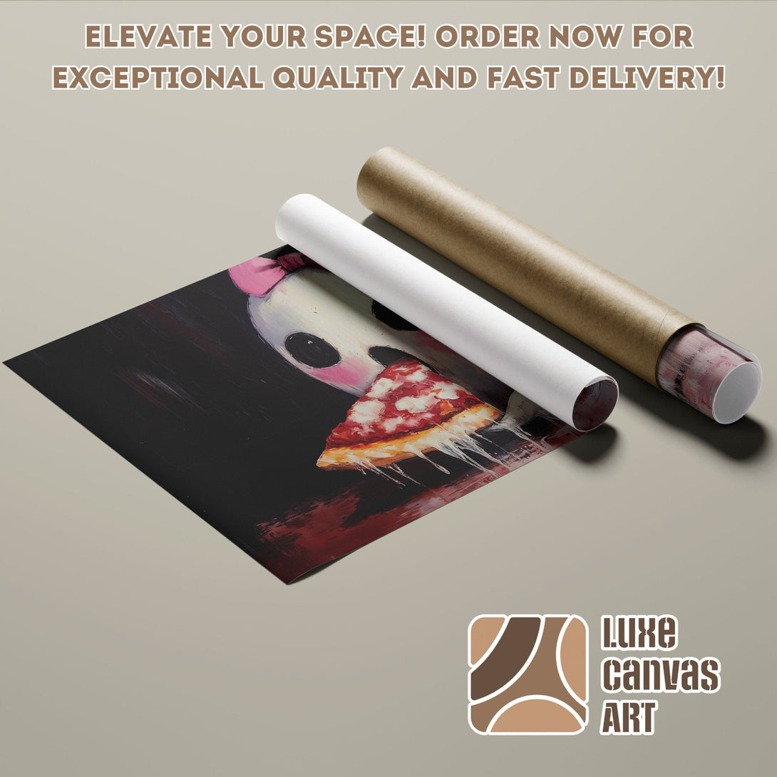Poster Roll featuring a spooky pizza art print, dark & red palette. Elevate your space today!