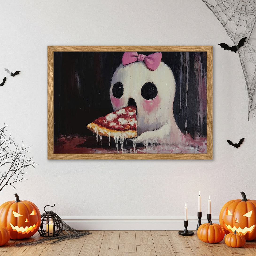 Framed Poster of a cute ghost eating pizza, art print in a Halloween setting. Features a dark, moody color palette.
