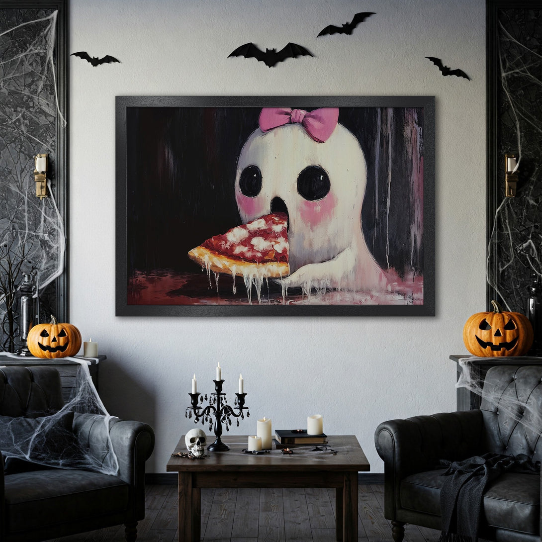 Framed Poster featuring a cute ghost eating pizza, perfect for Halloween decor. Whimsical style, pink & black color palette. Add spooky art to your walls!