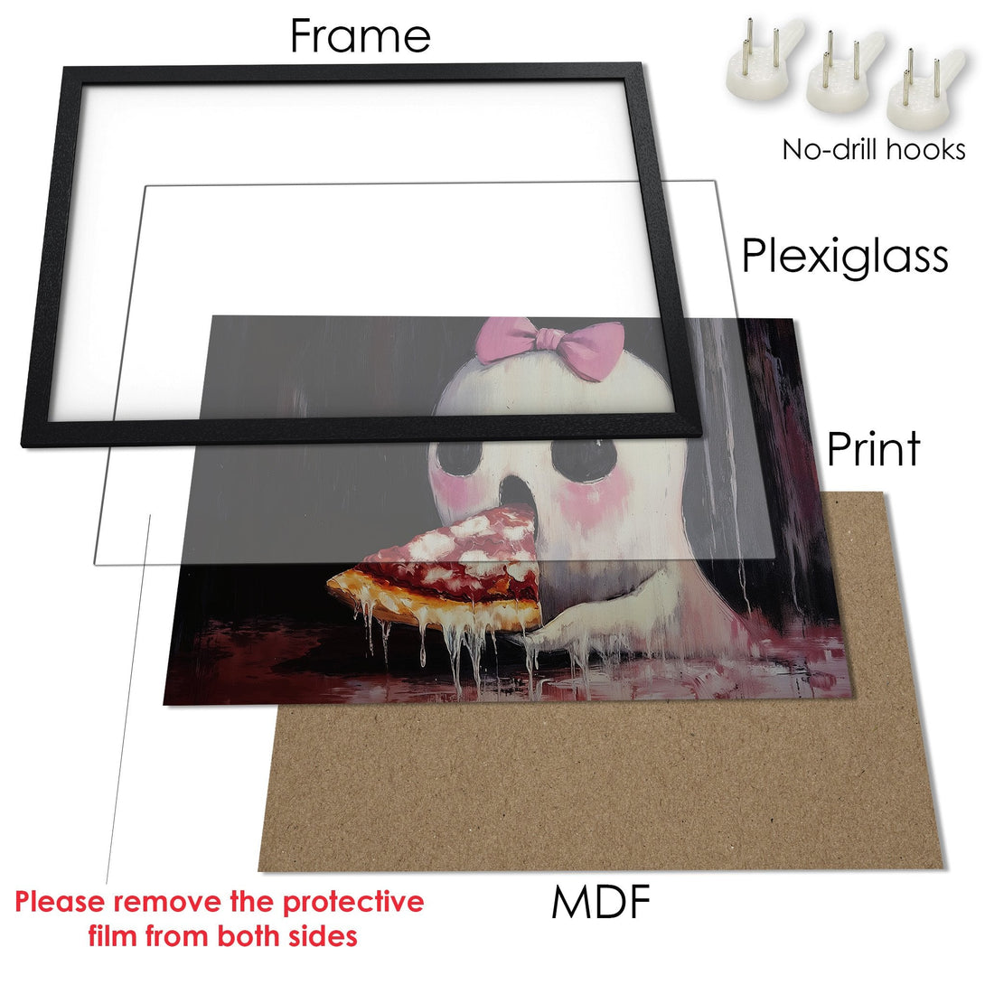 Framed Poster featuring a cute ghost eating pizza, in a whimsical style with pink and gray tones. Add some fun to your wall!