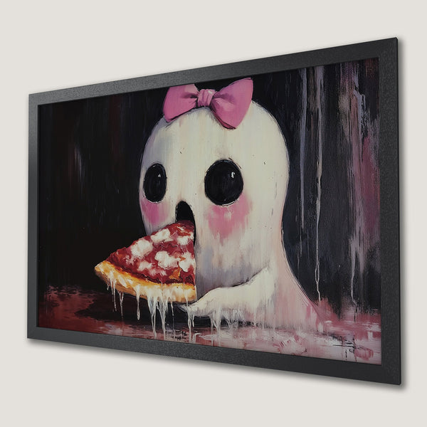 Framed Poster featuring a cute ghost eating pizza, painted in a whimsical style with a pink and black color palette.