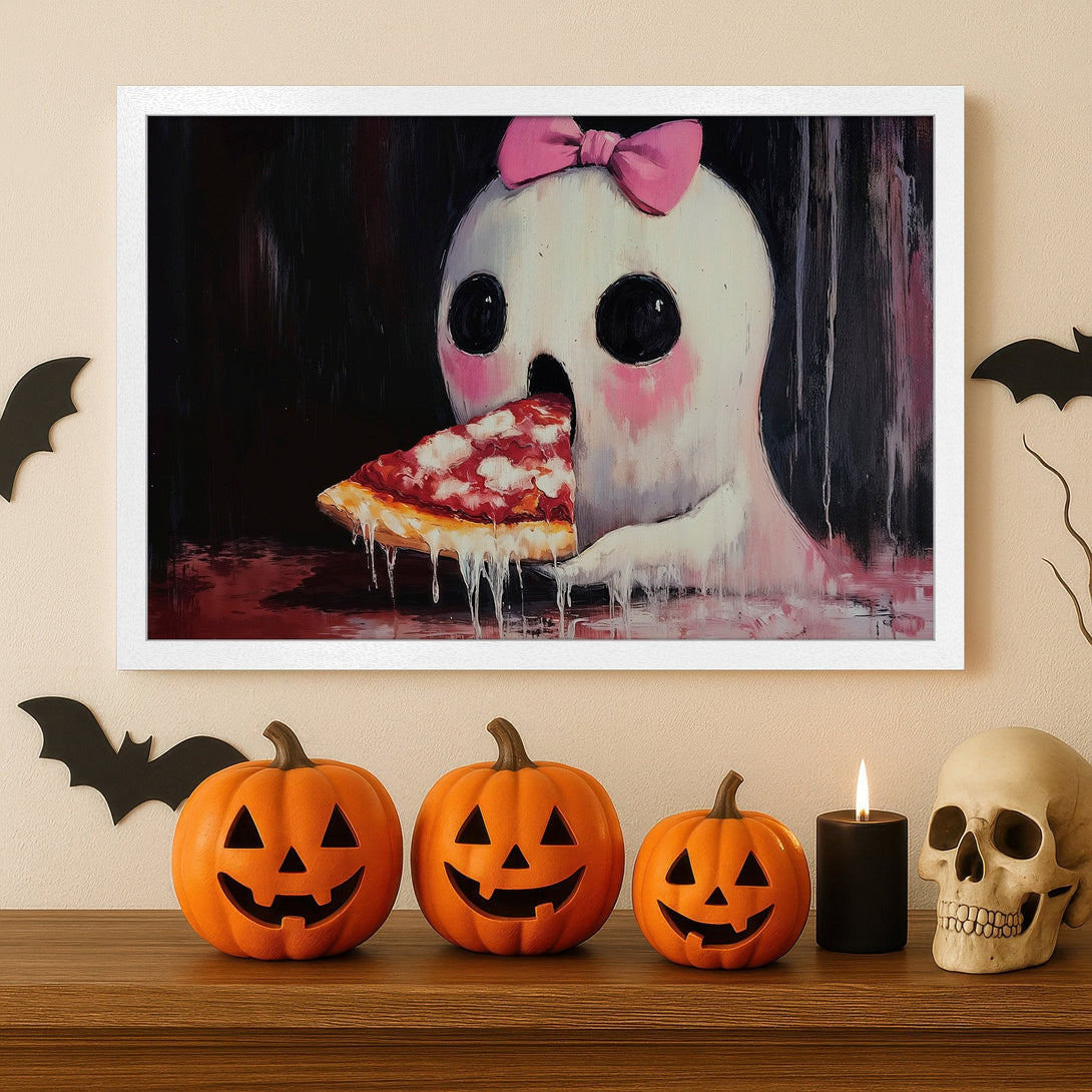 Framed Poster of a cute ghost eating pizza, Halloween art, pink and black palette. Spooky decor.